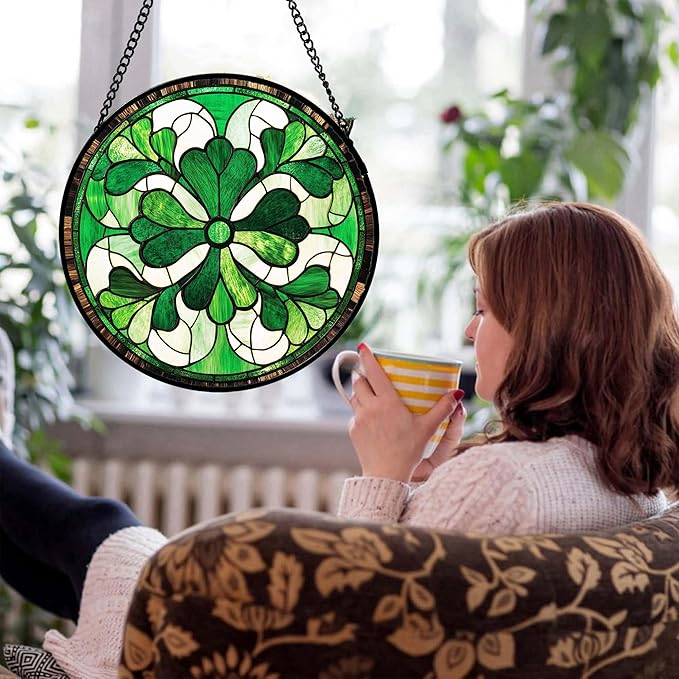 Stained Glass Window Hanging White Green Decoration Large 15" - Suncatcher Door Garden Sun Catcher Ireland Decor Birthday Mother's St. Ripack's Day Gift for Woman Mom Men Friend Nana Wife