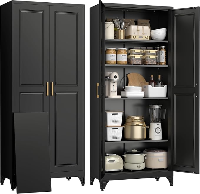 75" Kitchen Pantry Cabinet, Tall Storage Cabinet with Doors and 4 Shelves, Metal Storage Cabinets for Kitchens, Living Room, Dinning Room, Assembly Required, Black
