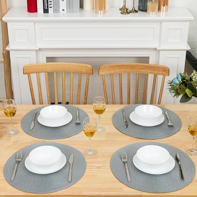 Winknowl Round Braided Placemats Set of 6 Washable Woven Heat Resistant Table Mats for Kitchen Dining Tables 15 inch Round Place Mats (Light Gray,6pcs)