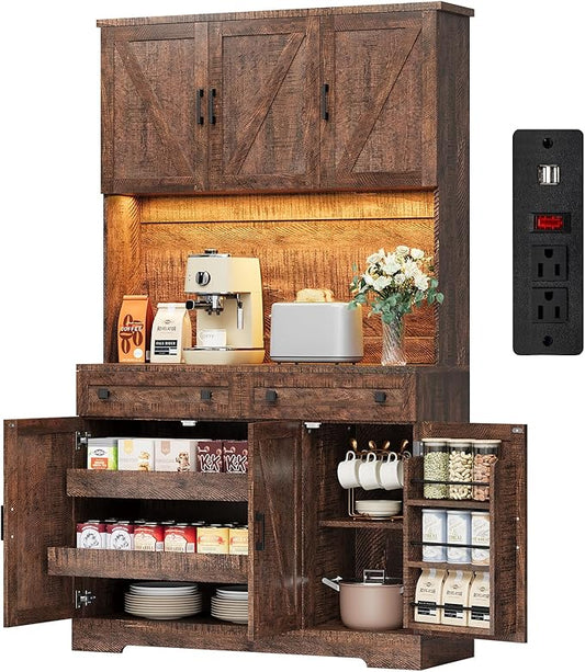 ELYKEN 71" Tall Ktchen Pantry Cabinet with Charging Station & LED Lights, Farmhouse Kitchen Hutch Cabinet with Microwave Stand & Large Countertop for Dining Room Living Room, Brown