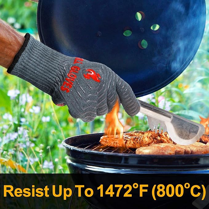QUWIN BBQ Gloves, Oven Gloves 1472??Extreme Heat Resistant, Grilling Gloves Silicone Non-Slip Oven Mitts, Kitchen Gloves for BBQ, Grilling, Cooking, Baking-1 Pair??(Grey, One Size Fits Most)