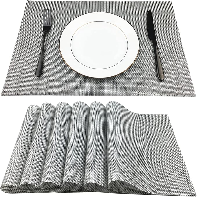 WAZAIGUR Placemats,Easy to Clean Crisscross Woven Vinyl Place Mats Durable Non-Slip Heat Resistant Table Mats,Placemats for Kitchen Table Set of 6,Silver and Black