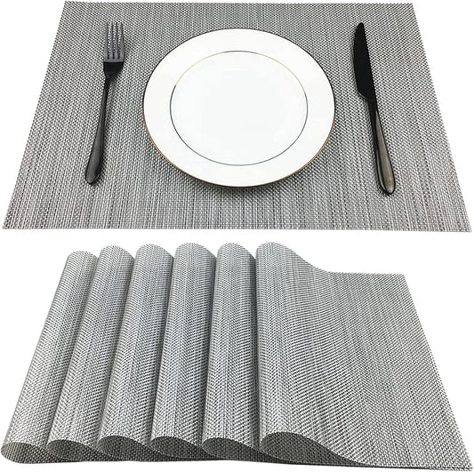 WAZAIGUR Placemats,Easy to Clean Crisscross Woven Vinyl Place Mats Durable Non-Slip Heat Resistant Table Mats,Placemats for Kitchen Table Set of 6,Silver and Black