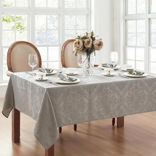 Elrene Home Fashions Caiden Elegance Damask Waterproof, Stain & Wrinkle Resistant Fabric Tablecloth, 60" x 84" Oblong/Rectangle, Silver