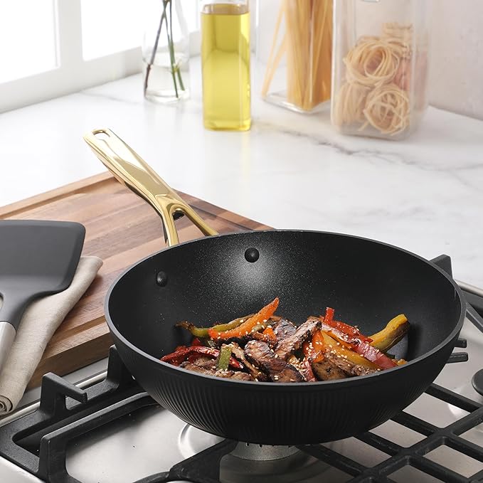 Oster Platinum Abbottsford 11-Inch Matte Black Ceramic Nonstick Wok with Gold Stainless Steel Handle ??Flat Bottom, Oven & Induction Safe