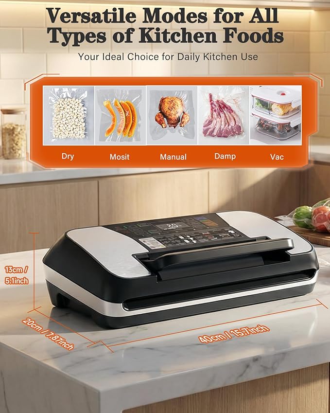 95KPa Food Vacuum Sealer Machine, 230W Vacuum Pack Machine 12-in-1 Automatic Powerful Food Preservation System with Double Heat Seal, Includes Built-in Cutter, Storage, 1 Roll & 10 Bags