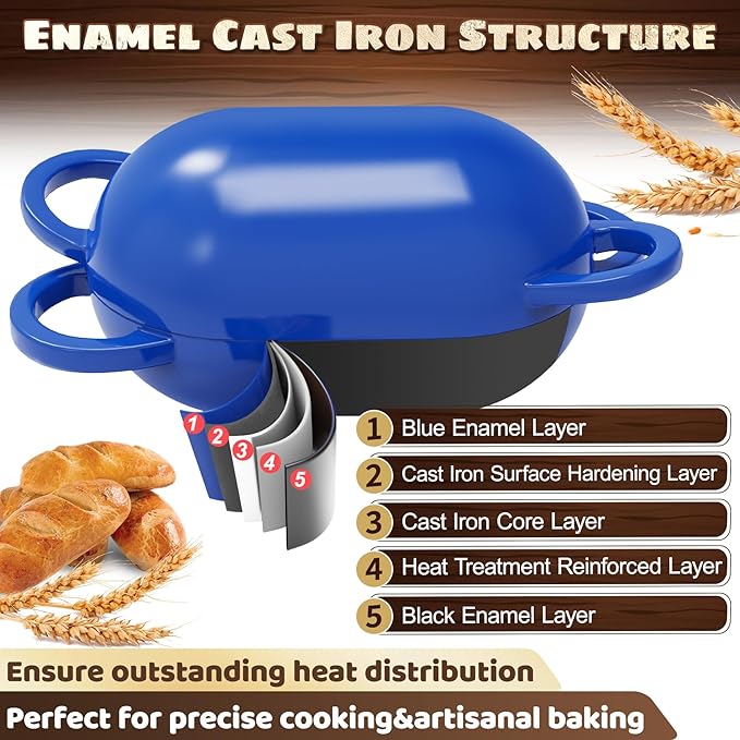 Enameled Cast Iron Oval Bread Oven with Non-Stick Silicone Liner, 2QT, Blue, Mini Oval Homemade Sourdough Dutch Oven with Lid, Artisan Bread Loaf Pan for Homemade Bread Five-Years Free Replacement