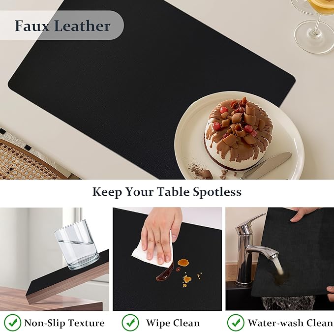 FROMHEART Faux Leather Placemats Set of 12?밯aterproof,Heat/Oil Stain-Resistant PU Table Mat?밨eversible,Non-Slip,Easy to Clean Place Mats for Kitchen,Dining,Indoor/Outdoor,(Black,11.8" x 17")