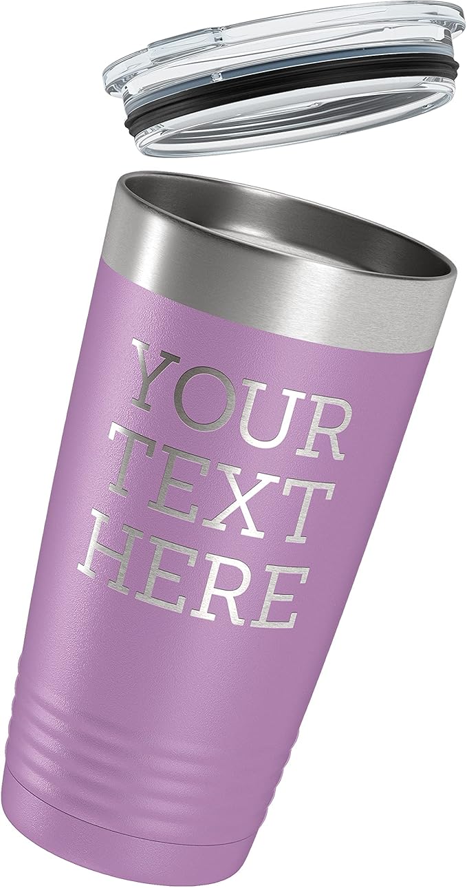 Personalized 20oz (17 Colors) Powder Coated Insulated Stainless Steel Tumbler with Lid, Custom Etched, Customized Text Message Name, Engraved Gift Idea Women Men Him Her, Your Text Here (Light Purple)