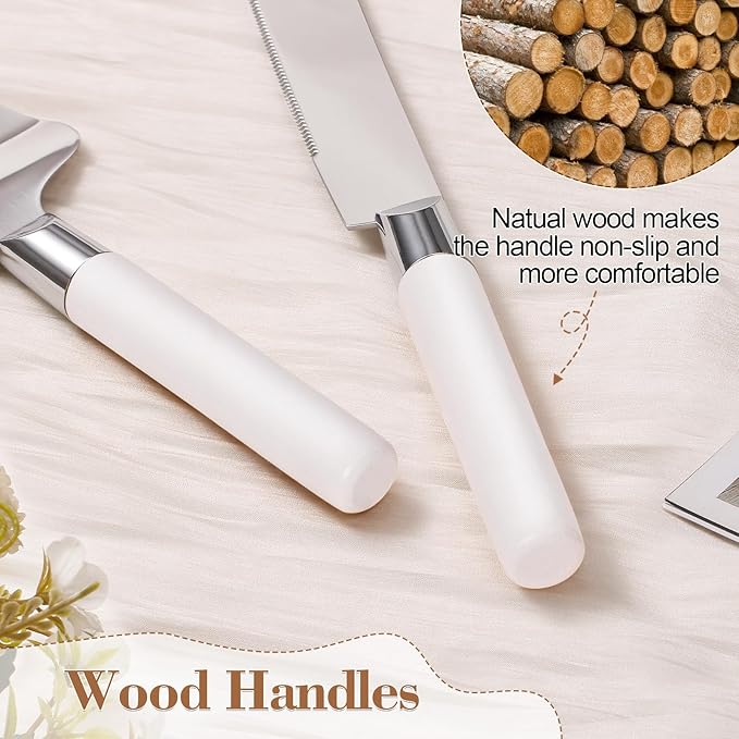 Cake Cutting Set for Wedding, Wood Cake Knife and Server Set, Vintage 2-Piece Pie Cake Cutter, White Pizza Dessert Utensils Bridal Anniversary Birthday Quincea챰era Gift (White)