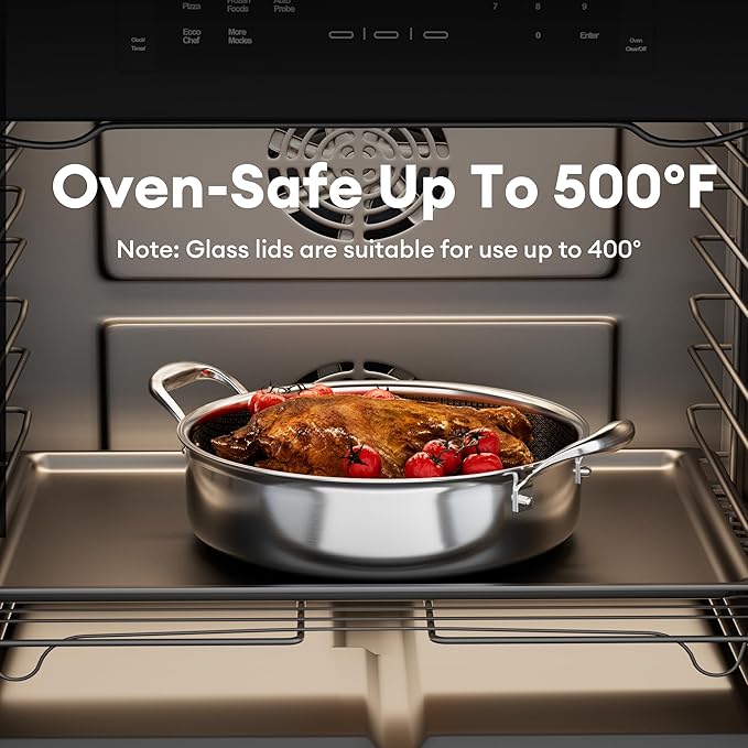 COOKER KING 5QT Stainless Steel Saute Pan with Lid, Hybrid Nonstick Deep Saute Pan, Chicken Fryer, Tri-Ply Clad Even Heat Distribution, Dishwasher-Friendly,Oven Safe to 500째F, Induction Compatible