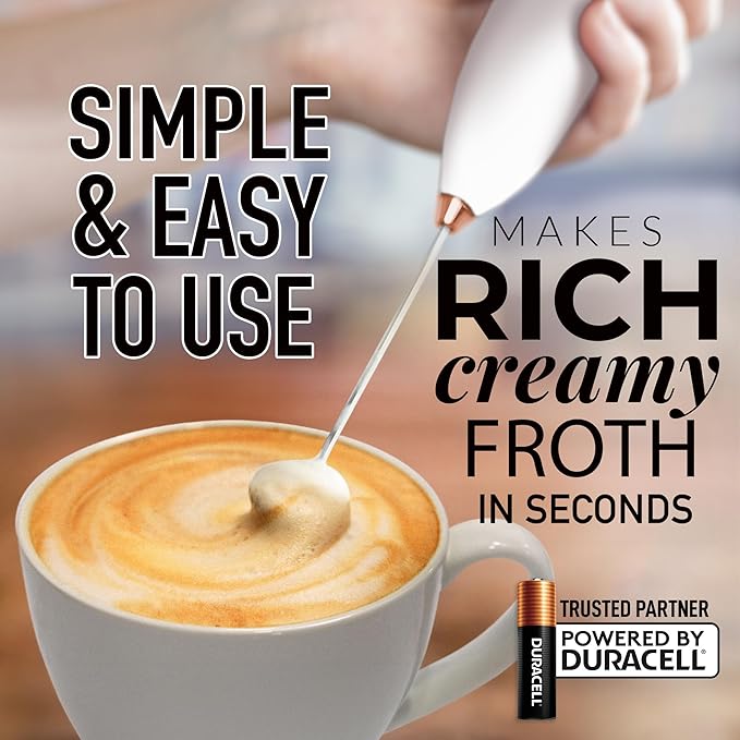 Zulay Kitchen Milk Frother Handheld Electric Whisk with AA Duracell Batteries ??Durable Drink Mixer for Coffee, Lattes, Cappuccinos & More - White Rose Gold