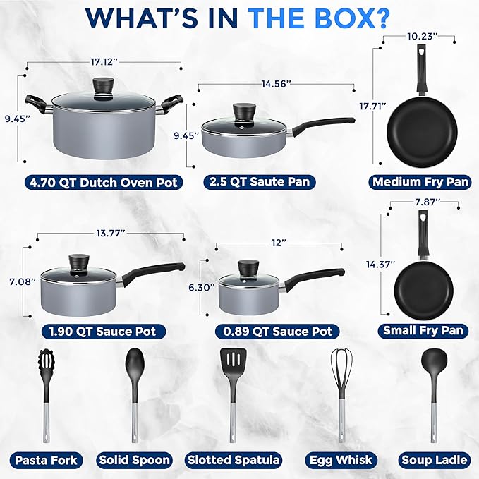 SereneLife Kitchenware Pots & Pans Basic Kitchen Cookware, Black Non-Stick Coating Inside, Heat Resistang Lacquer (11 Piece set), One Size, Gray