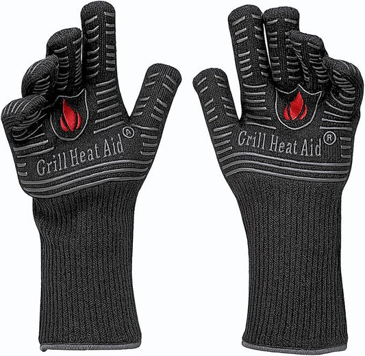 GRILL HEAT AID BBQ Grill Gloves Heat Proof for Grilling ??Fireproof 1472째F Heat-Resistant Grill Mitts for Outdoor Barbecue and Smoker, Campfire, Fire Pit, Oven Glove with Fingers for Baking Pizza