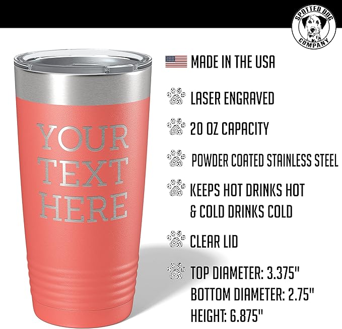 Personalized 20oz (17 Colors) Powder Coated Insulated Stainless Steel Tumbler with Lid, Custom Etched, Customized Text Message Name, Engraved Gift Idea Women Men Him Her, Your Text Here (Coral)