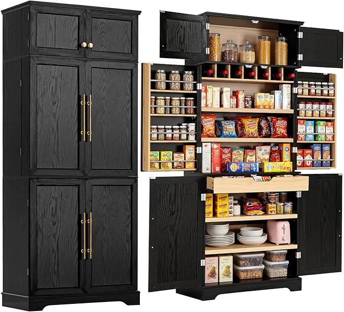 Merax 78.2" Tall Kitchen Pantry Storage Cabinet, Farmhouse Freestanding Large Cupboard with Hidden Drawer, Cabinet, 4 Adjustable Shelves, 8 Door-Shelf & 7 Wine Rack for Dining Room, Black