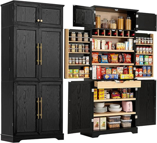 Merax 78.2" Tall Kitchen Pantry Storage Cabinet, Farmhouse Freestanding Large Cupboard with Hidden Drawer, Cabinet, 4 Adjustable Shelves, 8 Door-Shelf & 7 Wine Rack for Dining Room, Black