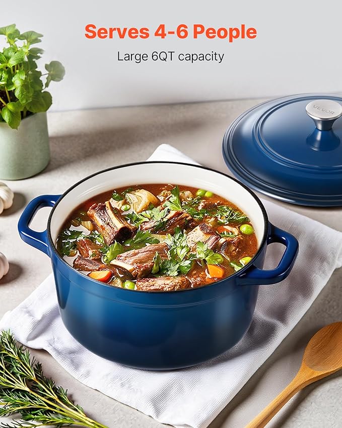 VEVOR Enameled Cast Iron Dutch Oven, 6 Quart Pot with Lid and Dual Handles, Heavy-Duty Durable Cookware Pan, Oven Induction Compatible up to 500?? for Braising, Stews, Roasting, Bread Baking, Blue