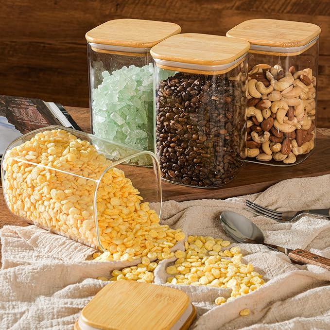 37oz Airtight Glass Square Storage Canister with Bamboo Lid Set of 4 (1100ml) Container Stackable Jar, Kitchen Canister for Pantry Noodles, Flour and Coffee beans (?럚ith Black Lable)