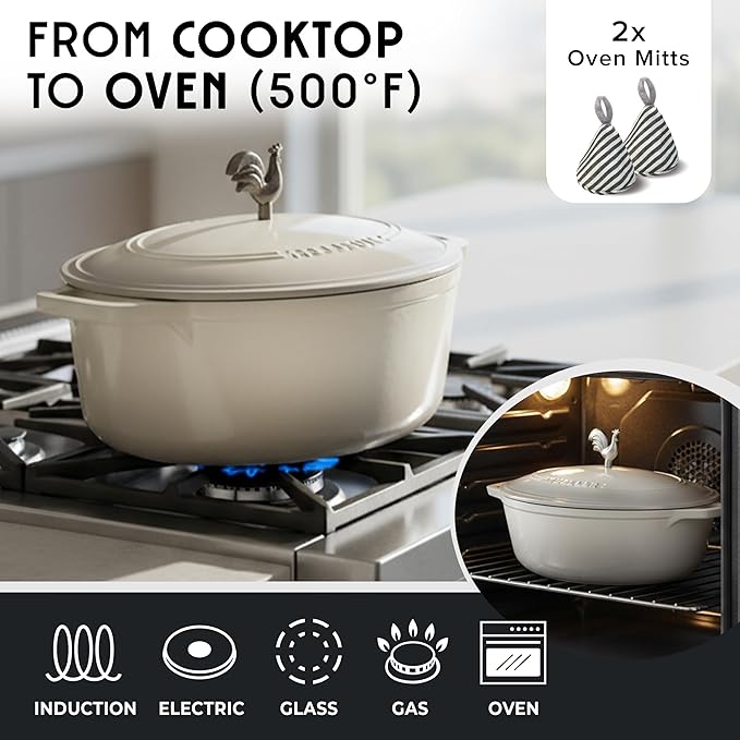MUELLER HOME 5.5 Quart Enameled Cast Iron Oval Dutch Oven with Rooster Knob & Cotton Potholders, Heavy-Duty Cookware, Oven-Safe up to 500째 F & Across All Cooktops, Gifts for Grandma & Women, White
