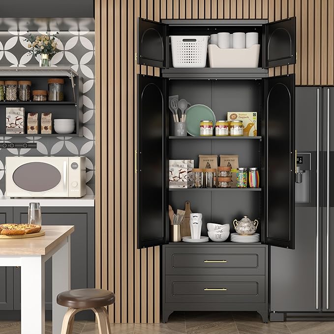 Kitchen Pantry Cabinet竊?0" Storage Cabinets with Doors and Shelves,Metal Pantry Cabinet with 2 Drawers,White Kitchen Cupboard for Livingroom,Pantry, Bathroom