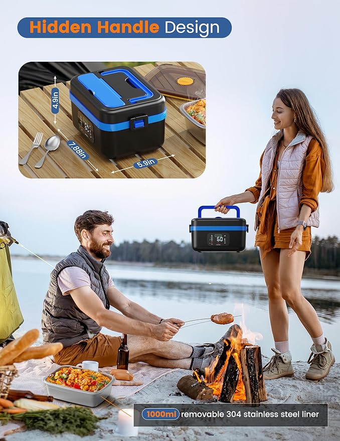 Cordless Electric Lunch Box for Adults, 1L Battery-Powered Heated Lunch Box with Insulated Bag, 16000mAh Rechargeable Self-Heating Food Warmer with Smart Reservation for Work, Travel, Car, Office