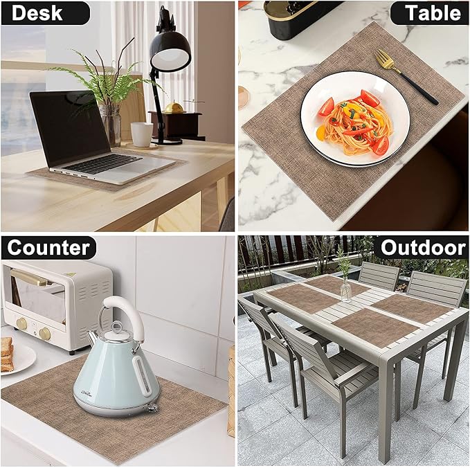 LANDVIEW Leather Heat Resistant Placemats Set of 6 Waterproof Wipeable Washable PU Table Mats,Easy to Clean Anti-Slip Place Mats (Dark Brown, 6)