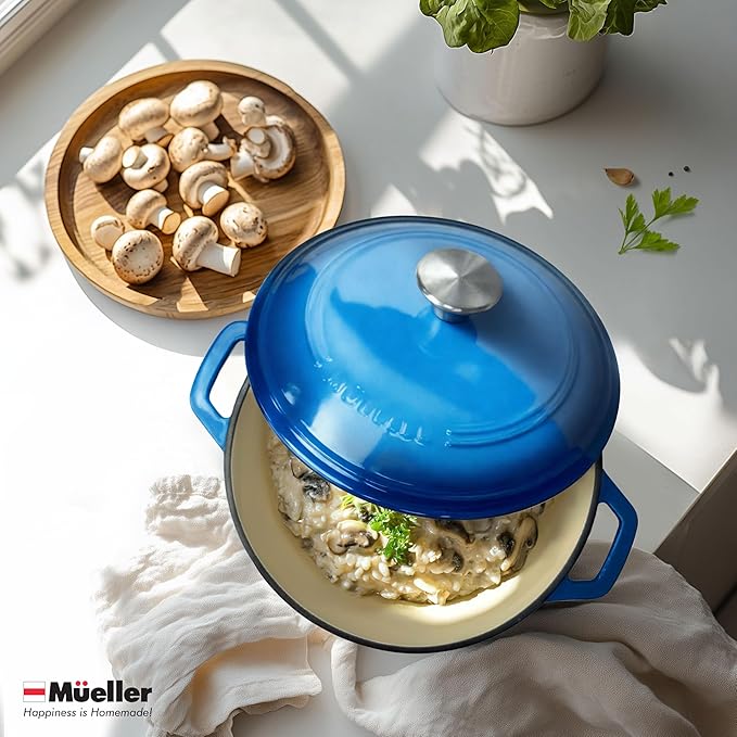 MUELLER HOME 7.5 QT Enameled Cast Iron Dutch Oven, Heavy-Duty Casserole Dish and Braiser Pan with Lid and Stainless Knob, Oven-Safe up to 500째 F & Across All Cooktops, Aqua Blue