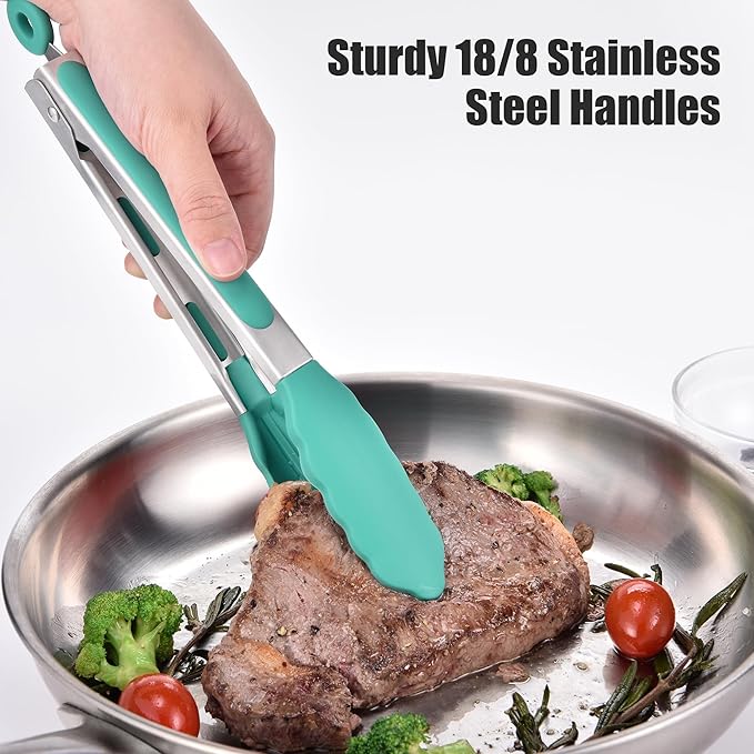 Doosu Kitchen Tongs for Cooking - 600째F Heat Resistant Food Tong with Non-Scratch Silicone Tips, Heavy Duty Stainless Steel Locking Tong for BBQ, Grilling Steak, Serving Salad, Pasta (9in, Aqua Sky)