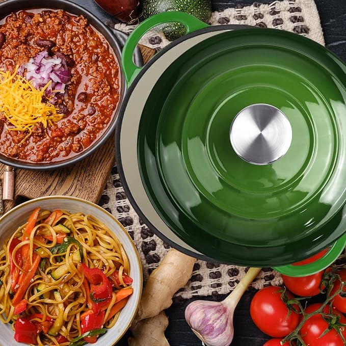 6 Quart Dutch Oven Enameled Cast Iron with Lid - Big Dual Handles - Oven Safe up to 500째F - Classic Round Pot for Versatile Cooking (Green, 6 QT)