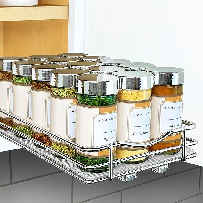 LYNK PROFESSIONAL짰 Pull Out Spice Rack Organizer for Inside Kitchen Cabinets - 6-3/8 inch Wide - Slide Out Drawer ??Chrome Sliding Spice Cabinet Organization Shelf Racks - 1 Tier