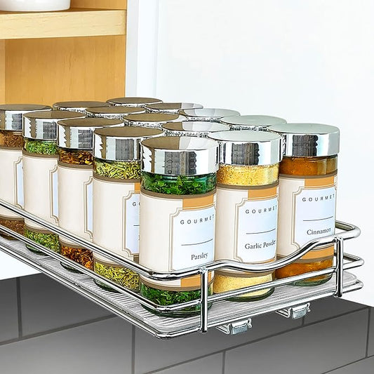 LYNK PROFESSIONAL짰 Pull Out Spice Rack Organizer for Inside Kitchen Cabinets - 6-3/8 inch Wide - Slide Out Drawer ??Chrome Sliding Spice Cabinet Organization Shelf Racks - 1 Tier