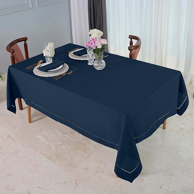 D'Moksha Homes Navy Blue Linen Tablecloth 60 x 156 Inch - 100% Pure Linen Navy Tablecloth for Rectangle Tables - Classic Hemstitch, Machine Washable Table Cloth for Easter