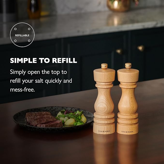 Cole & Mason London Refillable Spice Mill - Kitchen & Home Accessory - Table Salt Grinder - Salt Mill with Ceramic Mechanism - 7", Natural Beech