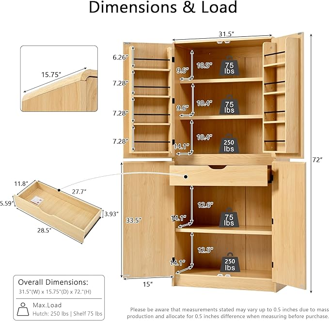 72" Tall Farmhouse Kitchen Pantry Cabinet with 8 Door Shelves, Curved Design Storage Cabinet with 3 Adjustable Shelves, Hidden Drawer, Versatile Cupboard for Kitchen, Dining & Bathroom (Nature)