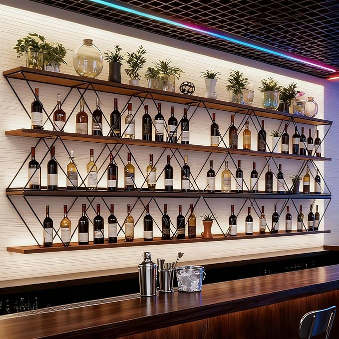 Large Wine Rack Wall Mounted Solid Wood DIY Floating Bar Liquor Bottles Storage Rack Hanging Holder Wine Bottle Racks for Home Bar Dining Room Decorative (71in/180cm)