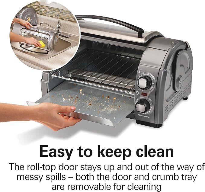 Hamilton Beach Easy Reach 4-Slice Countertop Toaster Oven With Roll-Top Door, 1200 Watts, Fits 9??Pizza, 3 Cooking Functions for Bake, Broil and Toast, Silver (31344DA)