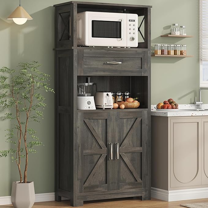 55" Tall Kitchen Pantry, Farmhouse Storage Cabinet with Doors, Shelves and Drawer, Rustic Wood Cupboard for Kitchen, Dining Room (Ash Grey)