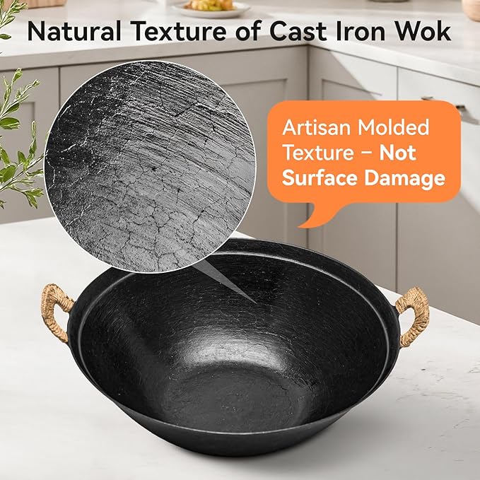 WANGYUANJI 15 Inch Cast Iron Wok with Wooden Lid and Spatula, Large Flat Bottom Double-Handle Chinese Stir Fry Pan, Uncoated for Induction, Gas and Electric Stoves