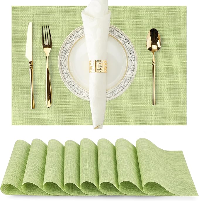 Set of 8 Green Placemats - Durable, Heat Resistant, Non-Slip, Washable PVC Vinyl Woven Table Mats for Dining Table - 12 x 17 Inch