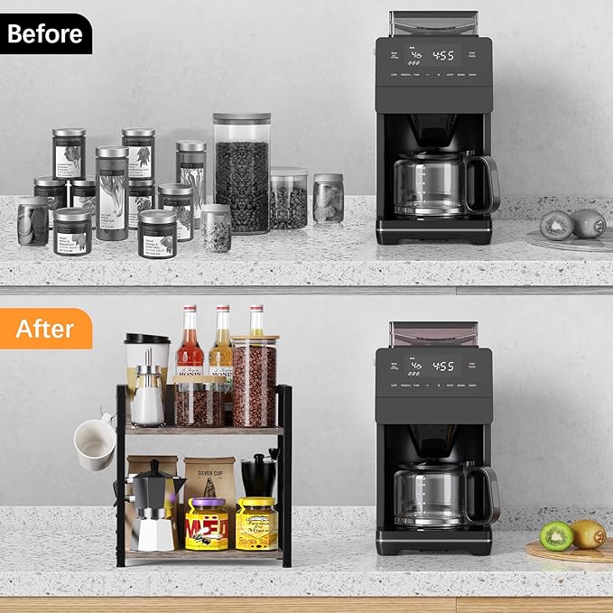 Spice-Rack-Organizer-Shelf for Kitchen Counter, 2 Tiers Coffee Bar Station Organizer for Countertop竊똕pace Saving Desk Shelving Riser Unit (Grey, Medium)