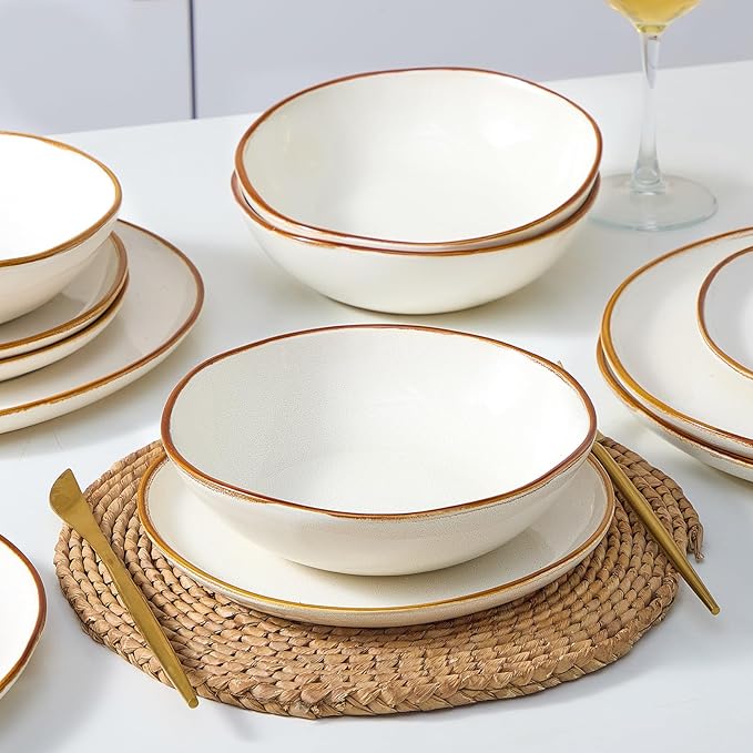 Bestone 12 Pieces Round Kitchen Dinnerware Sets竊똏lates and Bowls Sets,Dishes, Plates, Bowls, Dish Set, Chip Resistant Ceramic Dinnerware Set, Dishwasher/Microwave Safe,Service for 4,Pearl White