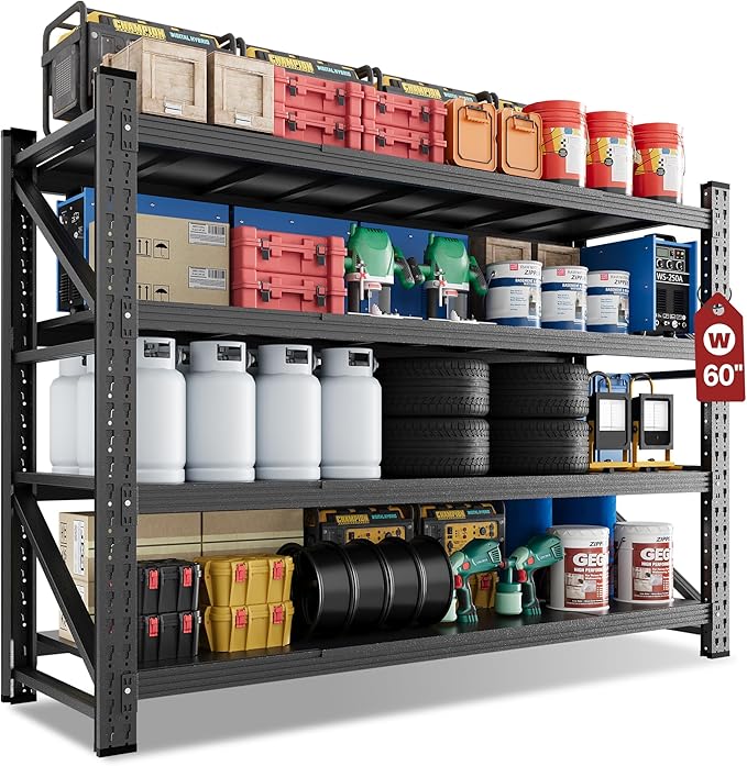 60" Wide Storage Shelves, 5000LBS Garage Shelving Heavy Duty, Standing Shelf Units, 4 Tier Metal Adjustable Storage Shelving Rack for Shop Warehouse Basement, 60'' W x 24''D x 70'' H