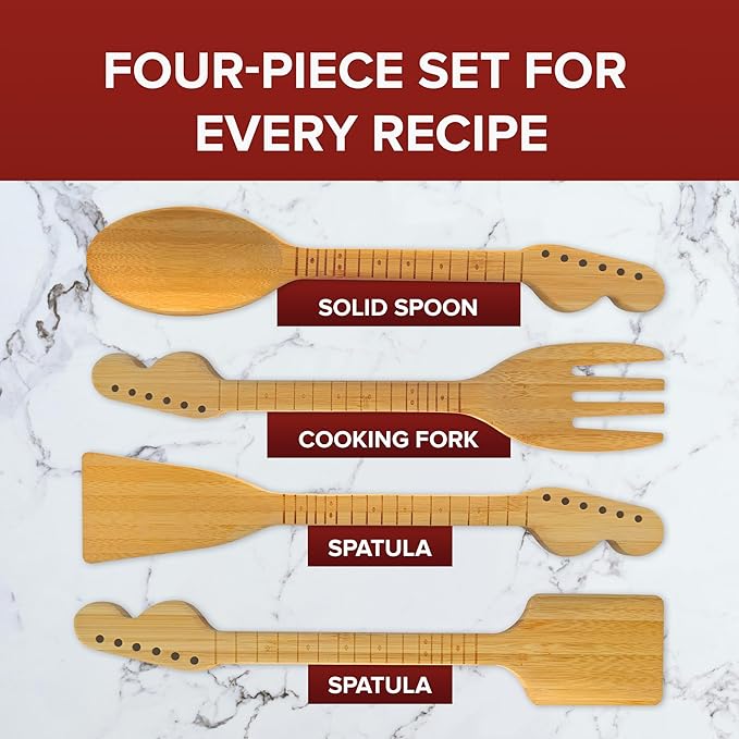 Guitar Bamboo Cooking Utensils Set (4-Piece) | Wooden Spoons and Spatulas | Fun Music Themed Kitchen Gadgets & Accessories | Unique Gift for Musicians, Guitar Players