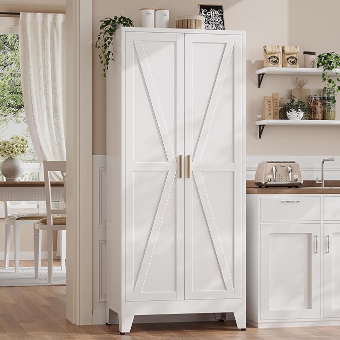 71" H Tall Kitchen Pantry Cabinet,Metal Food Storage Cabinets, White Kitchen Cabinet with Doors and Shelves, Large Freestanding Cabinets with Storage for Dining Room, Living Room