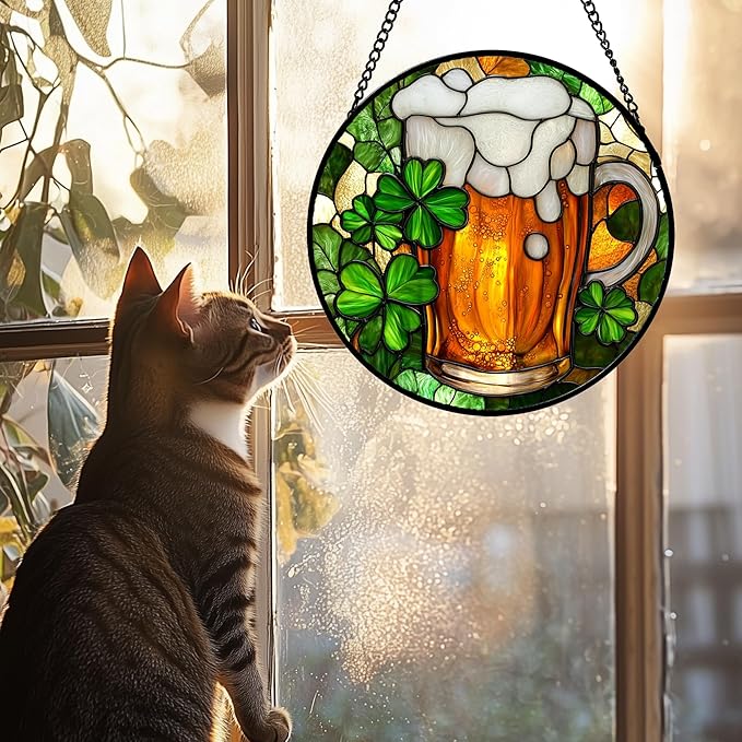 Stained Glass Window Hanging Green Clover Beer Large 11.8" - Suncatcher Door Garden Sun Catcher Ireland Decor Birthday Mother's St. Ripack's Day Gift for Woman Mom Men Friend Nana Wife Aunt