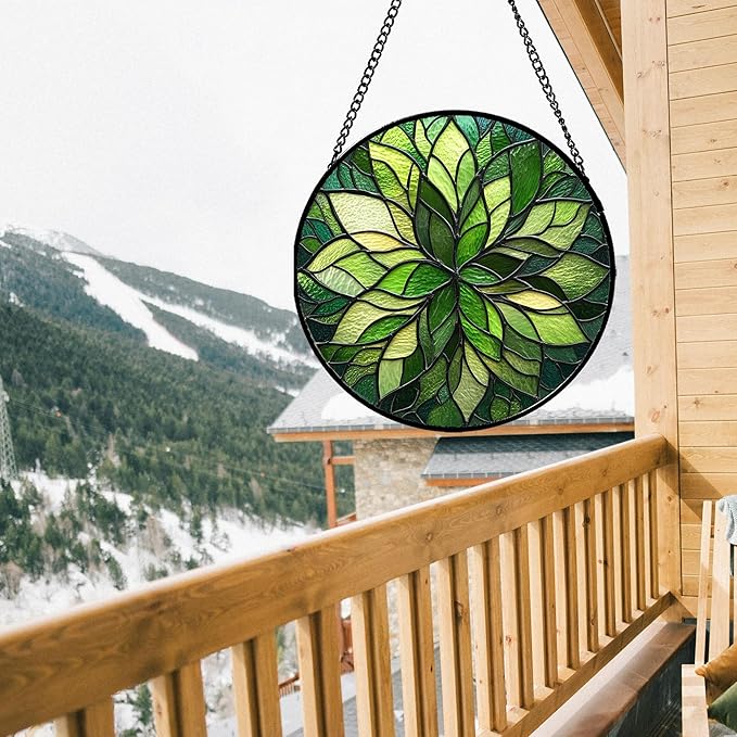Stained Glass Window Hanging - Green Gradient Flowers Suncatcher for Doors Window Home Plant Sun Catchers Decor Christmas Mother's Day Birthday Gifts for Teacher Women Men Mom Nana 15 in