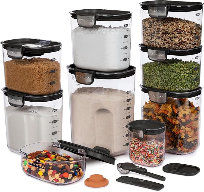 ProKeeper+ Airtight Food Storage Container Set ??Clear Plastic Flour and Sugar Canister Set with Magnetic Accessories for Kitchen Organization (Black, 13-Piece)
