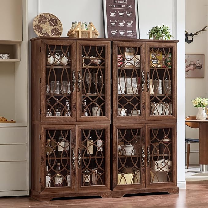 67" Tall Pantry Cabinet Set of 2, Vintage Kitchen Pantries Cabinets with Glass Doors & Adjustable Shelves, Wood Cupboard with Large Storage for Dingning Room, Bathroom, Brown