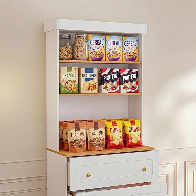 71" Farmhouse Kitchen Pantry Cabinet Set of 3, Freestanding Coffee Bar Hutch with Glass Doors, Drawers & Adjustable Shelves, Large Storage Cabinet with Microwave Stand for Living Room & Kitchen, White